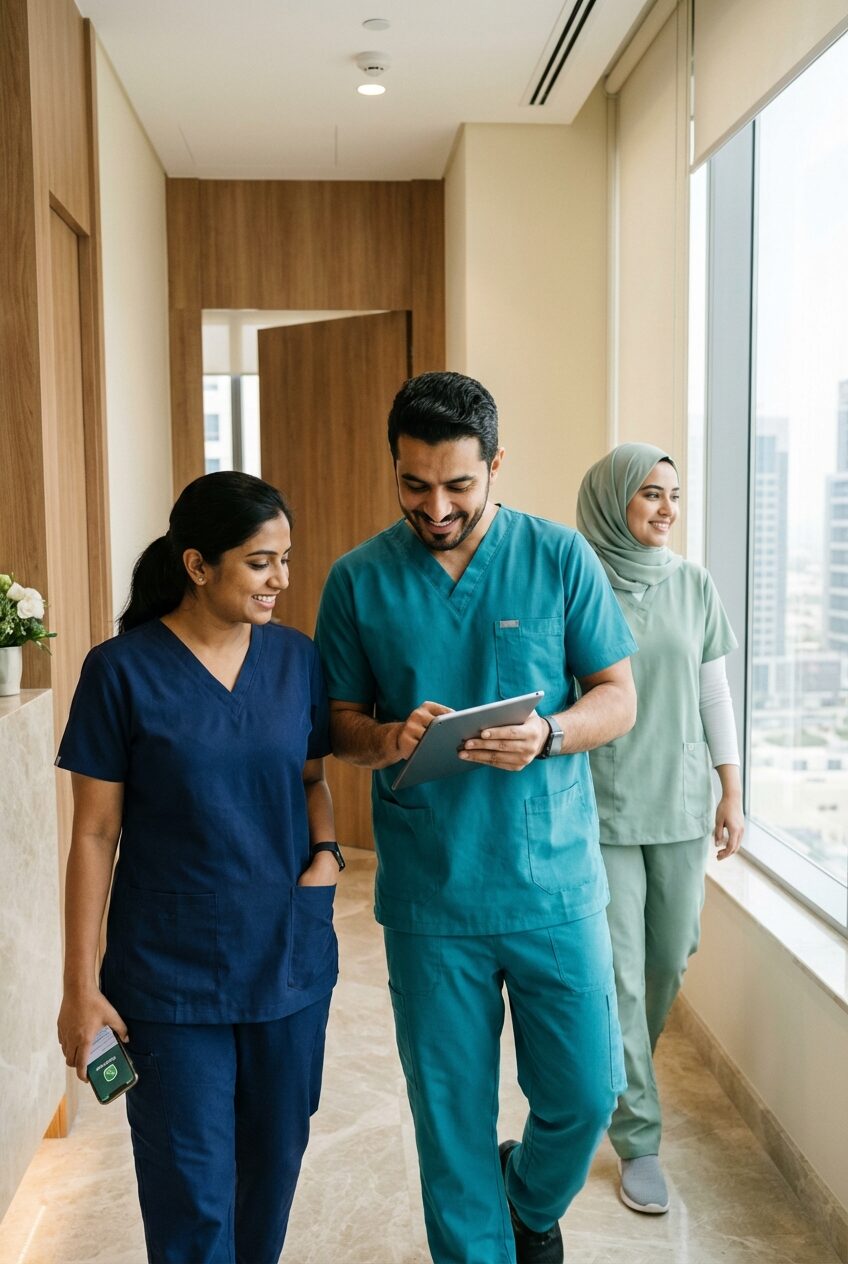 Clinic team working together, organised and focused